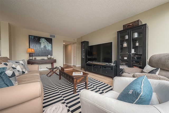 living room featuring light hardwood / wood-style floors and a textured ceiling