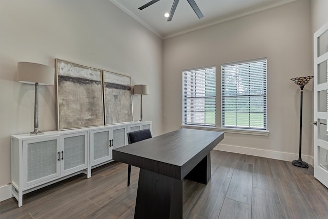 home office with ceiling fan and ornamental molding