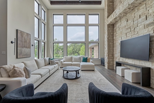 living room with a high ceiling, hardwood / wood-style flooring, and plenty of natural light