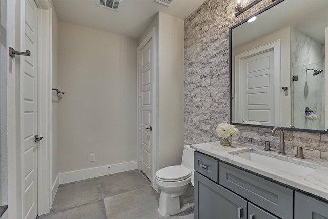 bathroom featuring walk in shower, vanity, concrete floors, and toilet