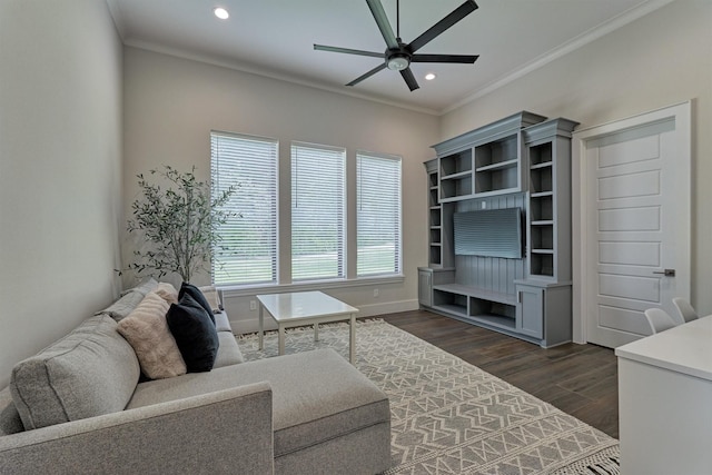 living room with ceiling fan, crown molding, and dark wood-type flooring