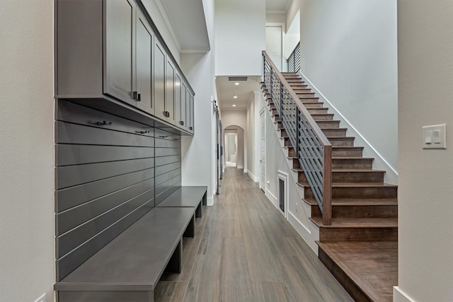 mudroom featuring dark hardwood / wood-style flooring and ornamental molding