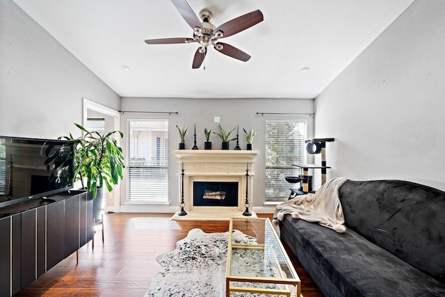 living room featuring ceiling fan, dark hardwood / wood-style flooring, a wealth of natural light, and vaulted ceiling