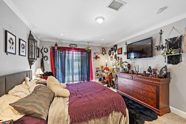 bedroom featuring carpet flooring and ornamental molding