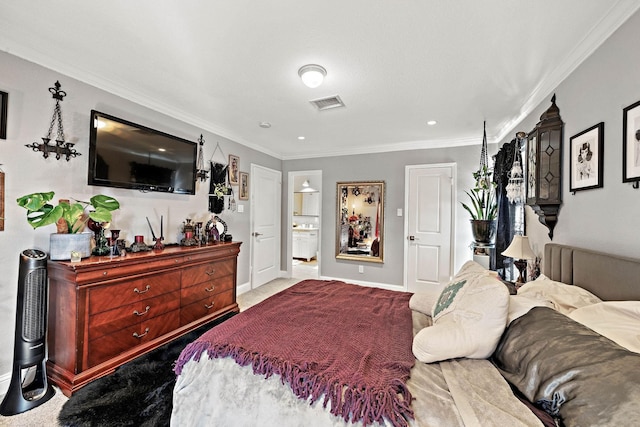 bedroom featuring light carpet and crown molding