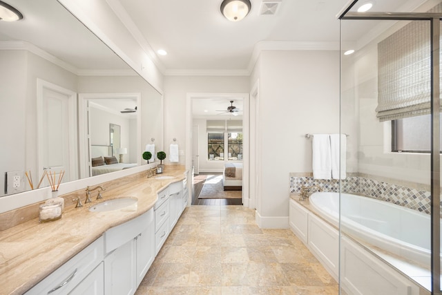 bathroom featuring vanity, separate shower and tub, ceiling fan, and crown molding