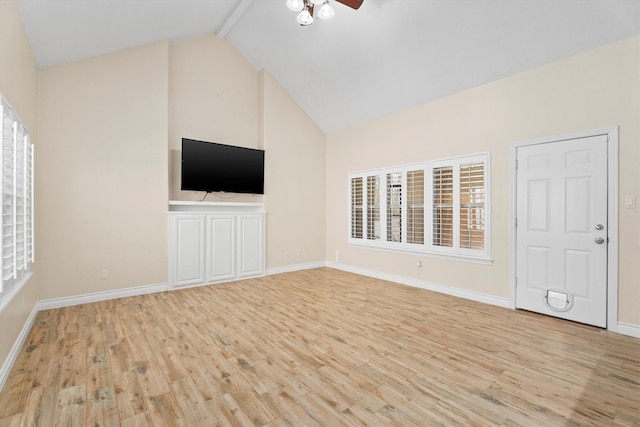 unfurnished living room with ceiling fan, light hardwood / wood-style floors, beam ceiling, and high vaulted ceiling