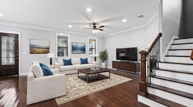 living room with ceiling fan, crown molding, and dark wood-type flooring