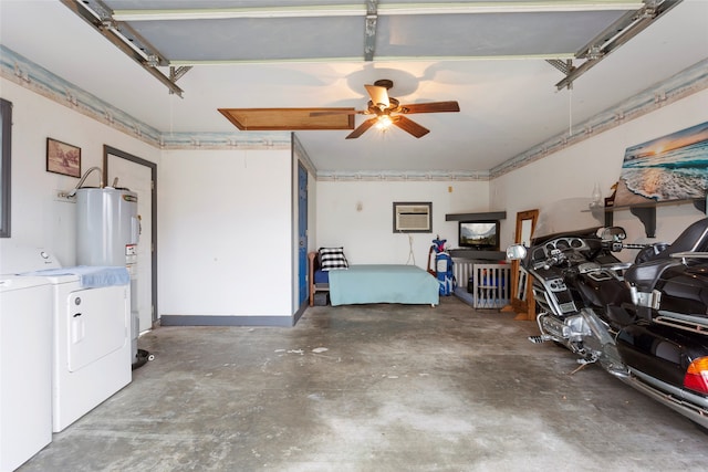 garage with washing machine and dryer, water heater, and ceiling fan