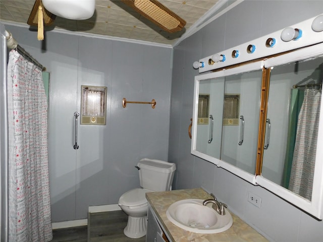 bathroom featuring vanity, toilet, and crown molding