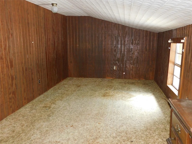 spare room featuring carpet flooring and wood walls