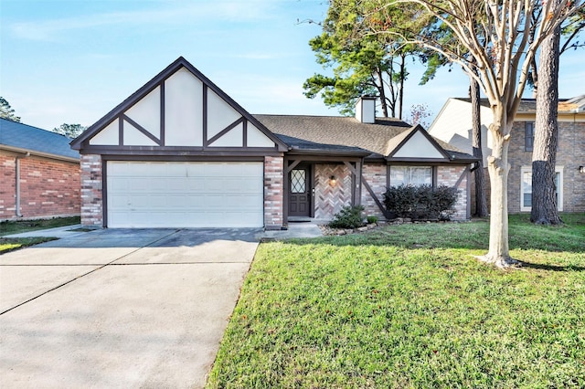 tudor house with a garage and a front lawn