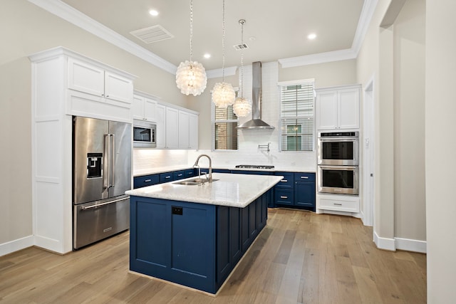 kitchen featuring white cabinetry, sink, wall chimney exhaust hood, and stainless steel appliances