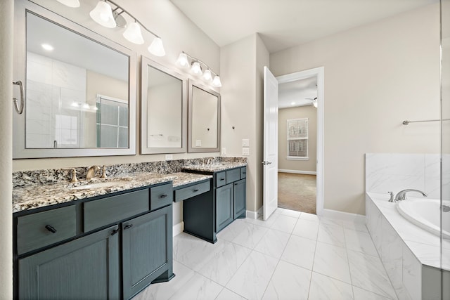 bathroom featuring shower with separate bathtub, vanity, and ceiling fan