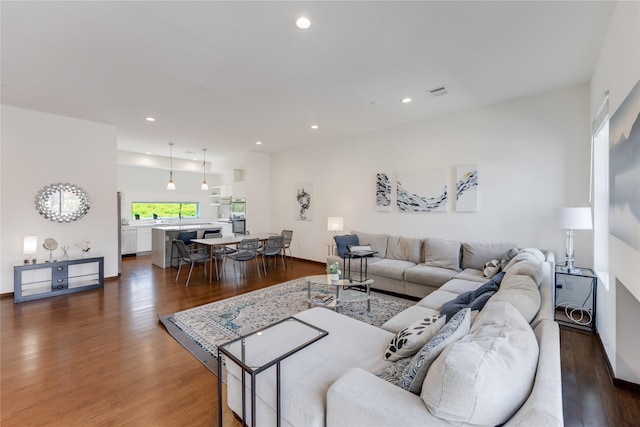 living room featuring dark wood-type flooring