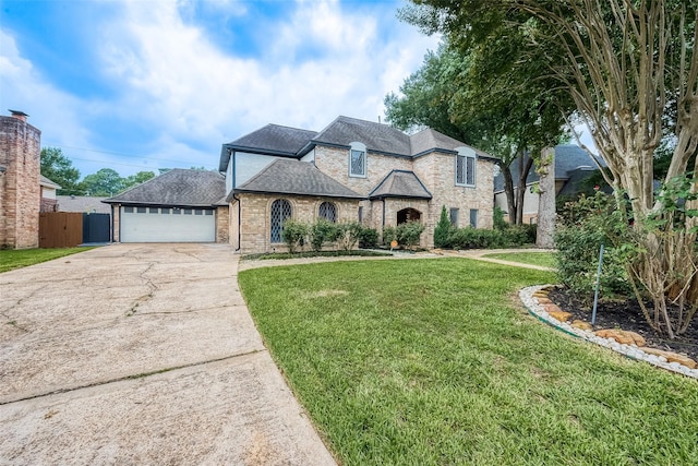 view of front of property with a garage and a front lawn