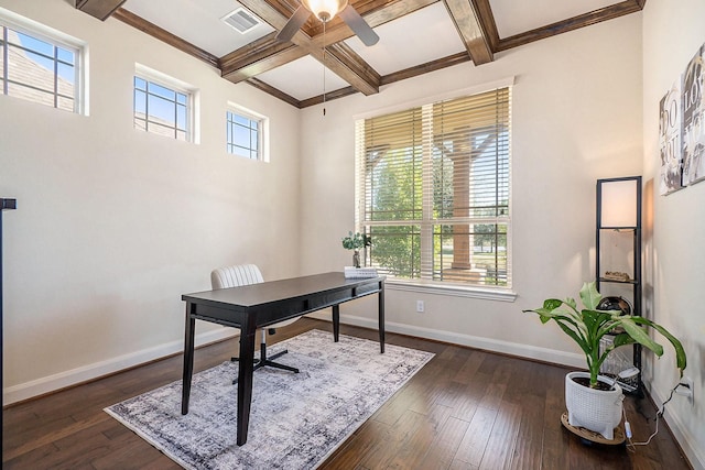 home office with beam ceiling, a wealth of natural light, dark wood-type flooring, and coffered ceiling