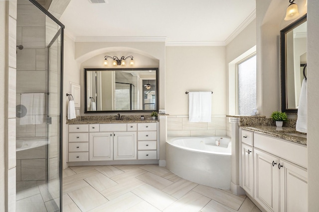 bathroom with tile patterned floors, vanity, crown molding, and plus walk in shower