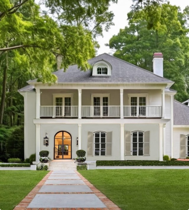 back of property featuring a lawn, french doors, and a balcony