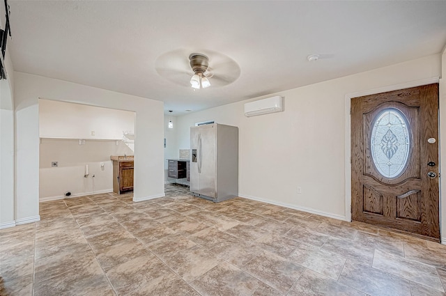 interior space with a wall mounted AC and ceiling fan