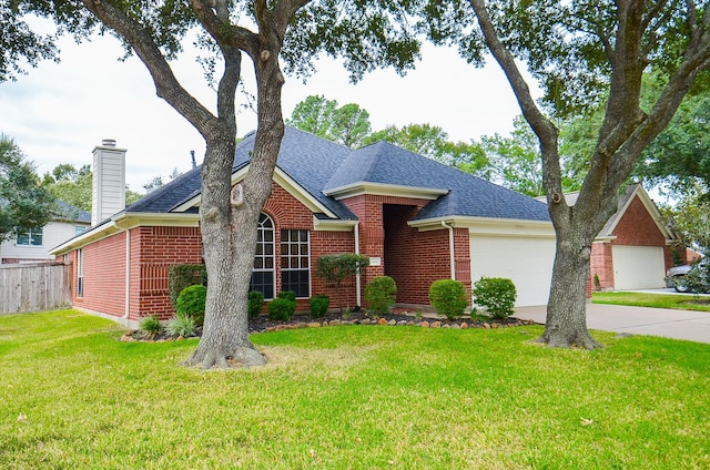 single story home with a garage and a front yard