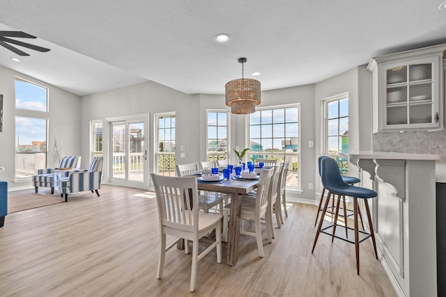 dining space with light hardwood / wood-style flooring and a textured ceiling