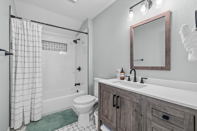 full bathroom featuring toilet, vanity, and shower / tub combo with curtain