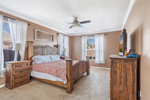 bedroom featuring light carpet, ceiling fan, and ornamental molding