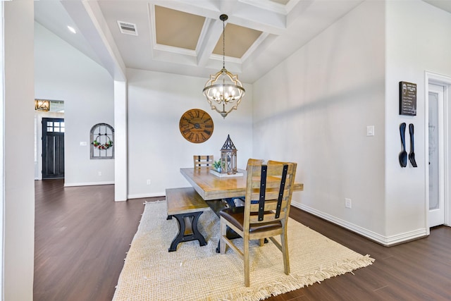 dining room featuring coffered ceiling, a chandelier, dark hardwood / wood-style flooring, beamed ceiling, and a high ceiling