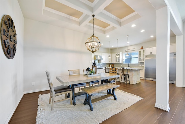 dining room featuring beamed ceiling, coffered ceiling, a notable chandelier, and dark hardwood / wood-style flooring