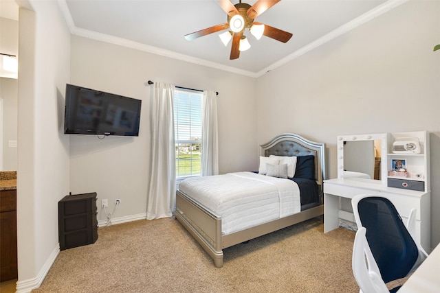 bedroom featuring ornamental molding, light carpet, and ceiling fan