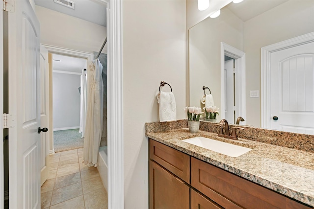 bathroom with vanity, shower / tub combo, and ornamental molding