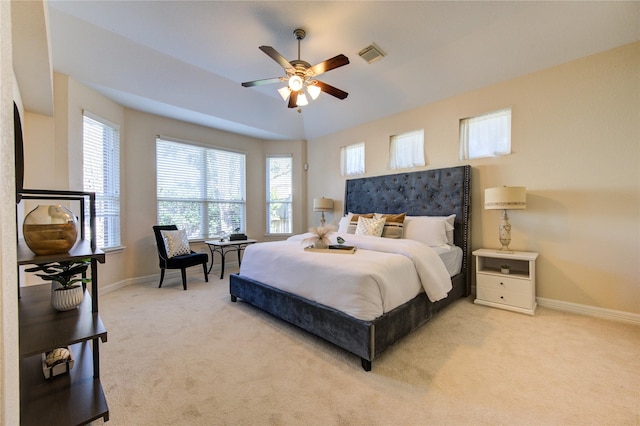 bedroom with light colored carpet and ceiling fan