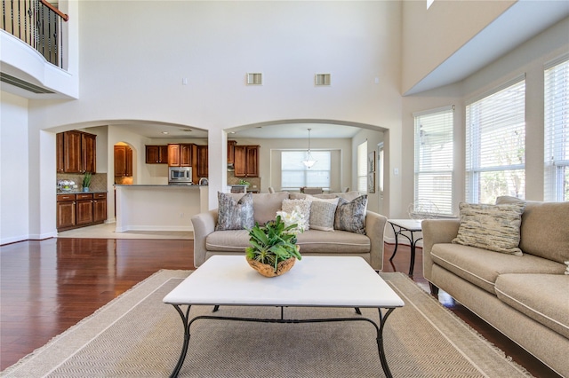 living room with a healthy amount of sunlight, wood-type flooring, and a high ceiling