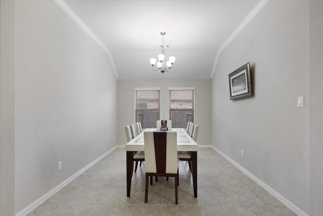 tiled dining room with crown molding and a chandelier