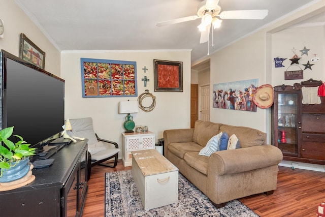 living room with hardwood / wood-style floors, ceiling fan, and ornamental molding