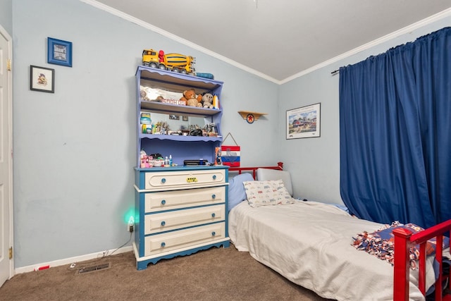 carpeted bedroom with crown molding and lofted ceiling