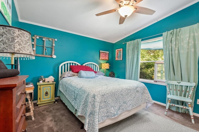 bedroom featuring carpet flooring, ceiling fan, and crown molding