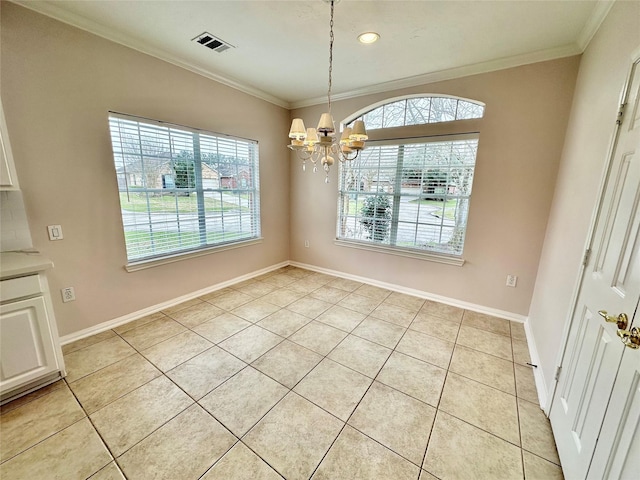 unfurnished dining area with light tile patterned floors, visible vents, a chandelier, and ornamental molding