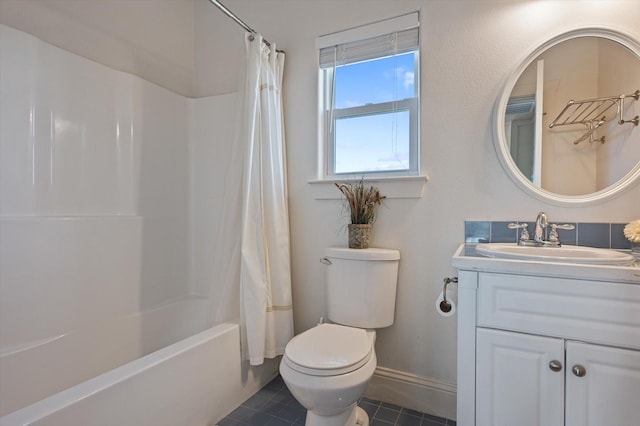 full bathroom featuring tile patterned floors, vanity, shower / tub combo, and toilet