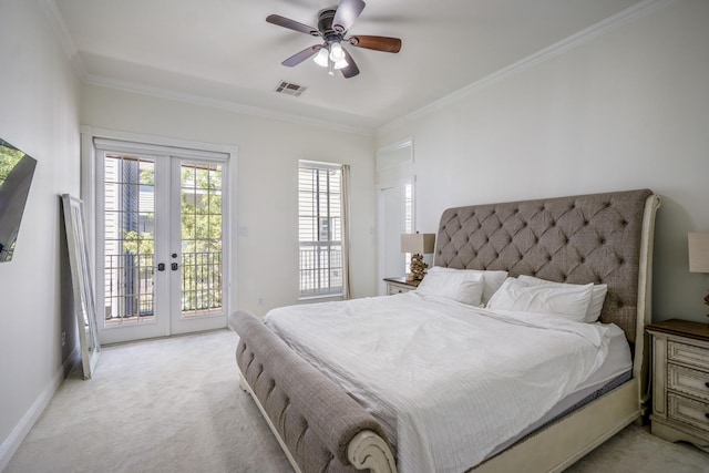 carpeted bedroom featuring access to exterior, ceiling fan, french doors, and ornamental molding