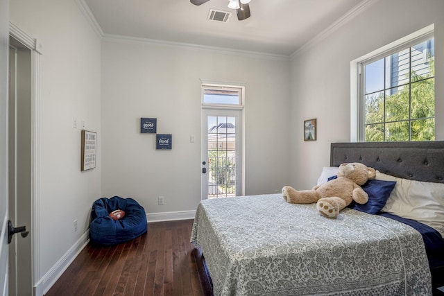 bedroom with access to exterior, ornamental molding, ceiling fan, and dark wood-type flooring