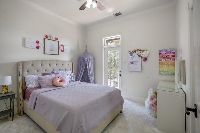 carpeted bedroom with access to outside, ceiling fan, and ornamental molding