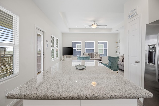 kitchen with a tray ceiling, ceiling fan, plenty of natural light, and stainless steel fridge