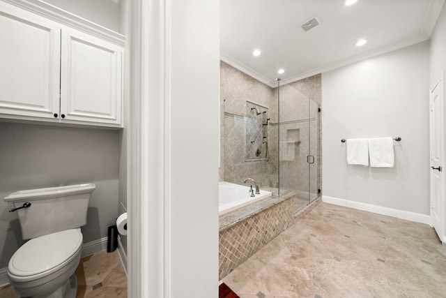 bathroom featuring toilet, crown molding, and independent shower and bath