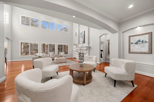 living room with light hardwood / wood-style floors and ornamental molding