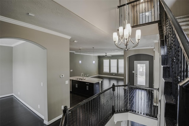 interior space featuring dark hardwood / wood-style floors, an inviting chandelier, crown molding, and sink