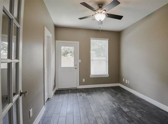 doorway featuring dark hardwood / wood-style flooring and ceiling fan