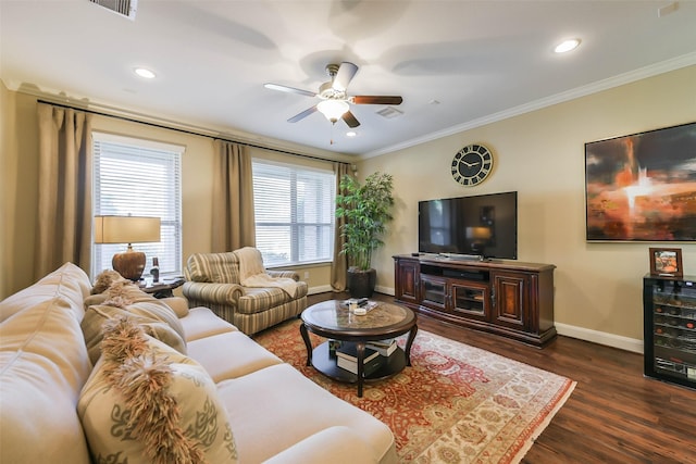 living room featuring beverage cooler, dark hardwood / wood-style floors, ceiling fan, and crown molding