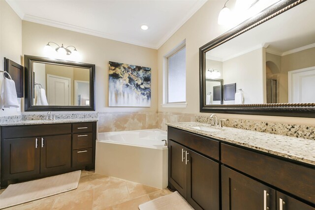 bathroom with crown molding, tile patterned flooring, vanity, and plus walk in shower